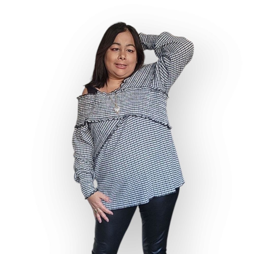 Women's Black and White Off-Shoulder Top